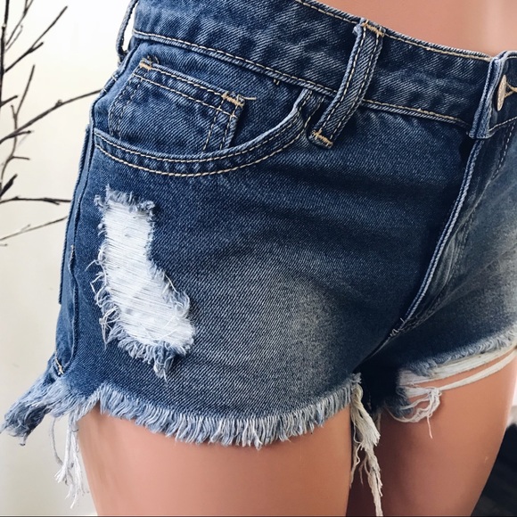 Distressed Denim Shorts Asymmetrical Frayed Hem - Picture 4 of 9